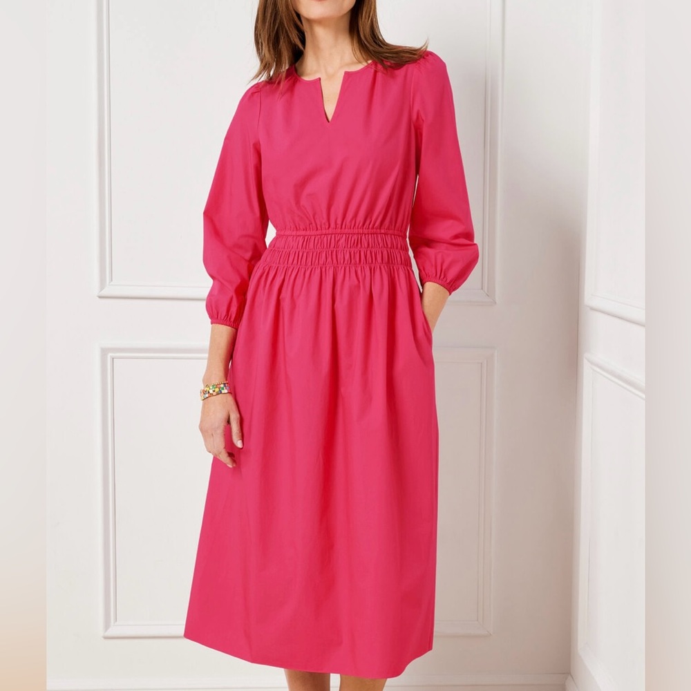 Talbots Hot Pink Smocked Poplin Midi Dress